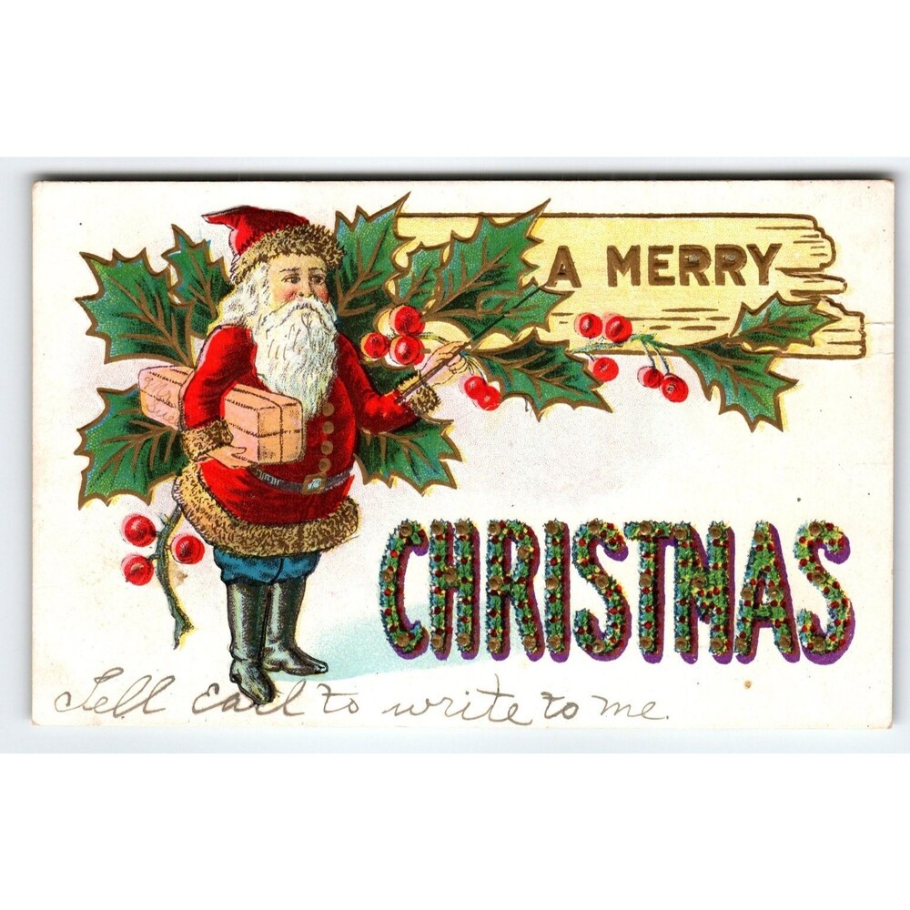 Vintage 1913 Santa Claus Christmas Postcard with Holly & Gifts Embossed Letters